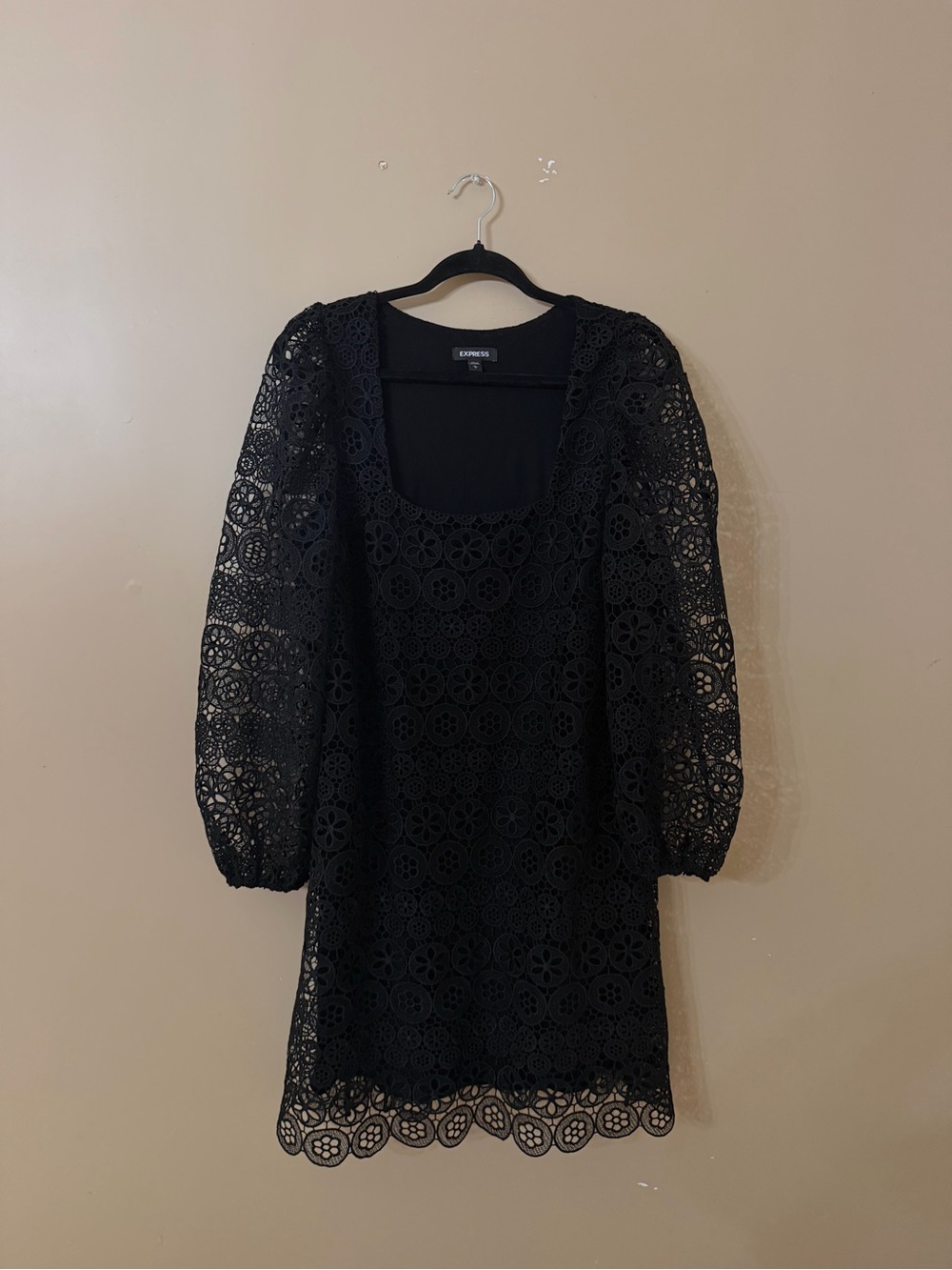 Express Black Lace Square-Neck Puff Sleeve Mini Dress